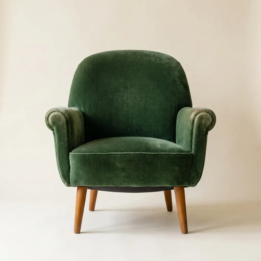 Poltroncina in velluto verde con piedi a cono