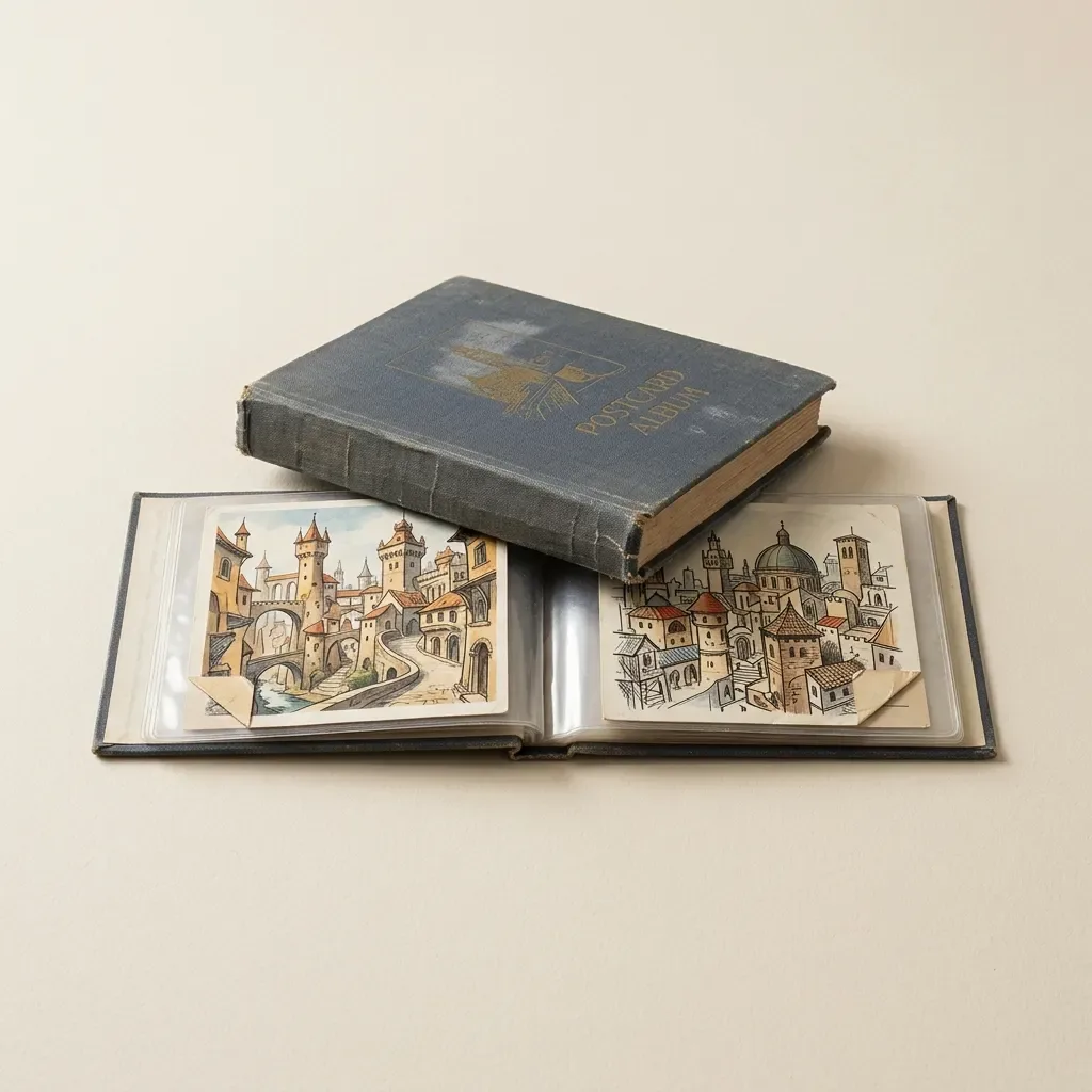 Raccolta di cartoline illustrate di città immaginarie